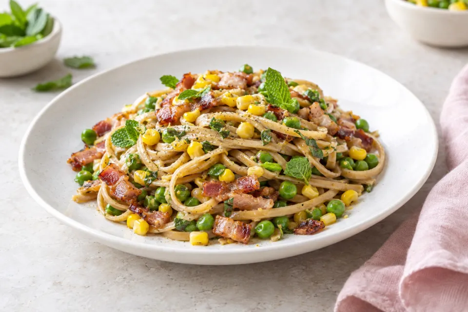 Whole Wheat Linguine with Pancetta, Peas, Corn, and Mint