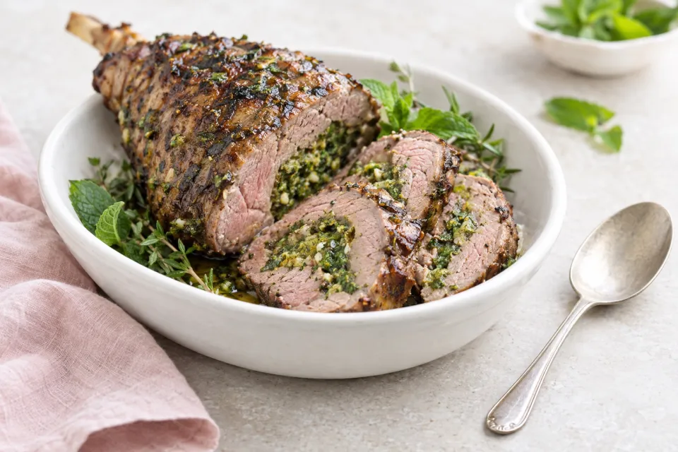 Grilled Garlic- and Mint Pesto–Stuffed Leg of Lamb