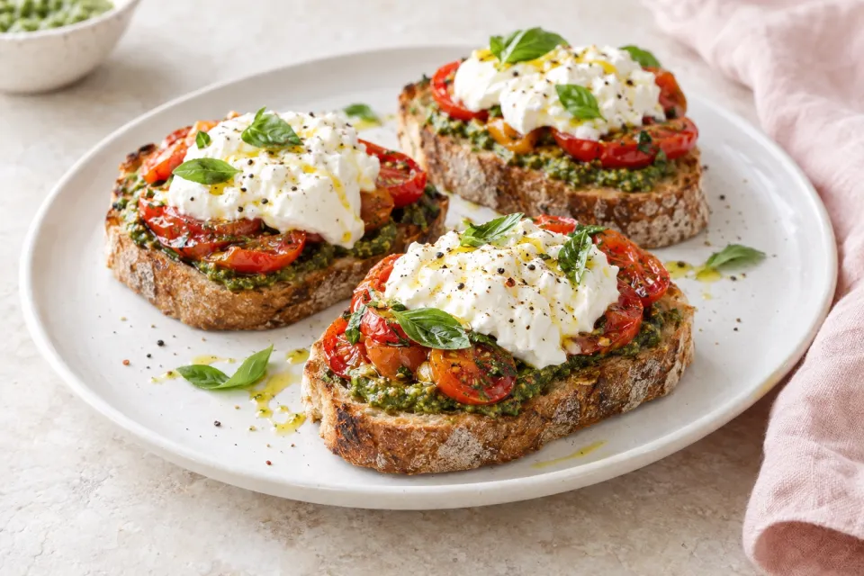 Sourdough Toasts with Tomato, Pesto, and Burrata
