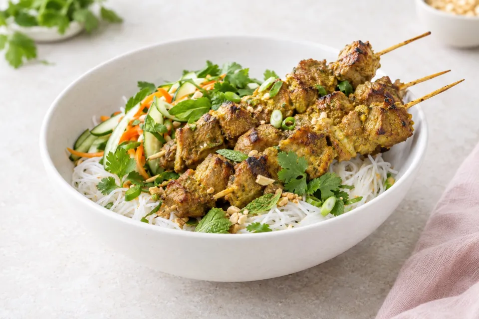 Make-Ahead Curry Pork Skewers with Vermicelli