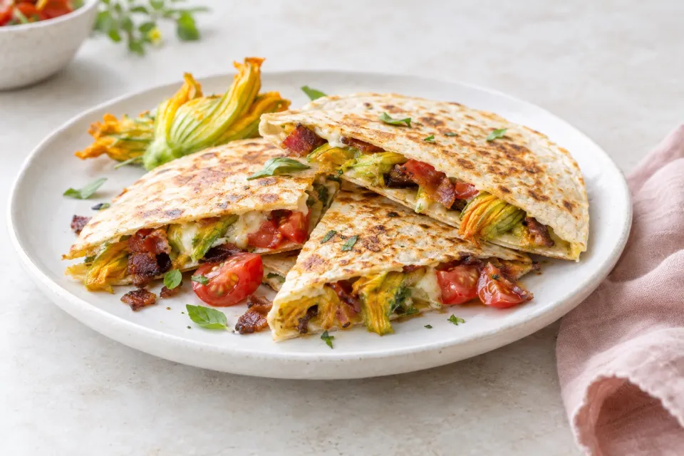 Squash Blossom Quesadillas with Bacon and Tomatoes