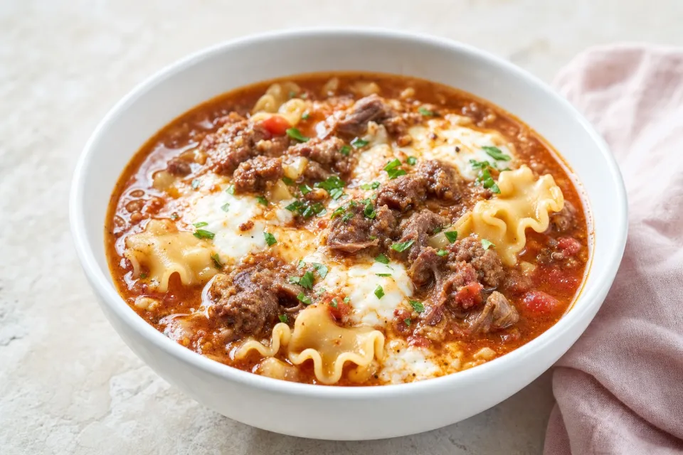 Cheesy Short Rib and Sausage Lasagna Soup