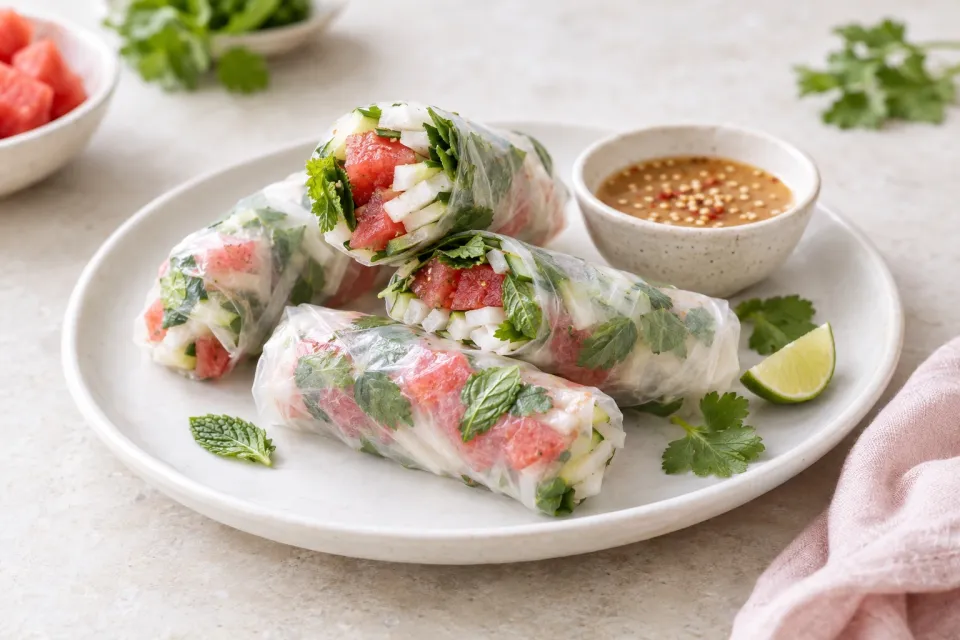 Summer Rolls with Jicama, Watermelon, and Herbs