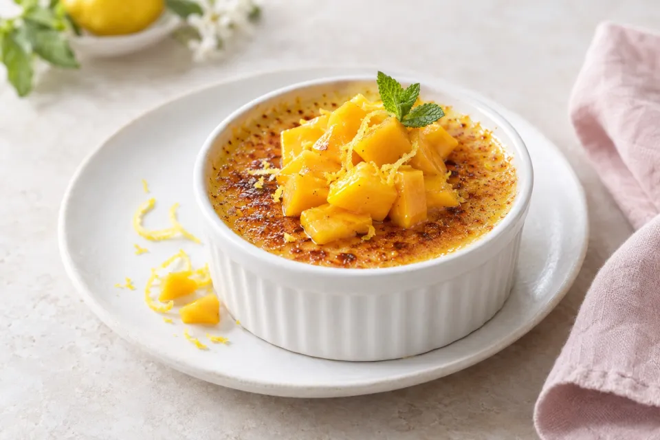 Lemon & Vanilla Crème Brûlée with Fresh Mango Topping