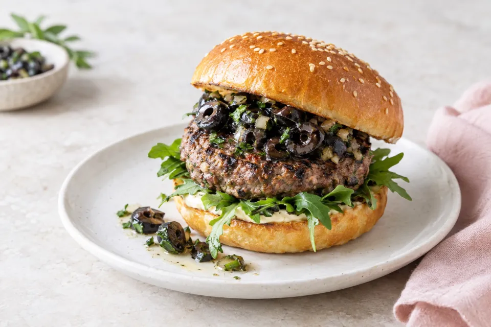 Grilled Black-Olive Burger with Japanese Vinegar