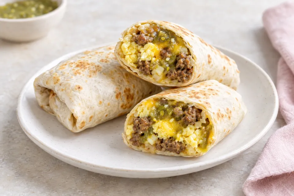 Freezer Breakfast Burritos with Sausage, Eggs and Salsa Verde