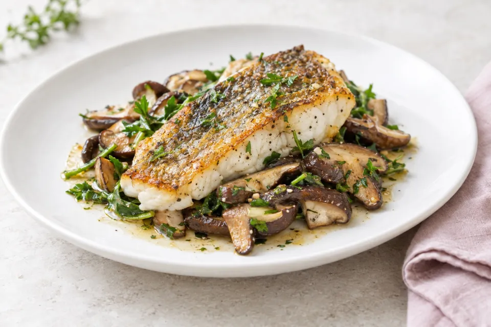Pan-Seared Fish with Shiitake Mushrooms