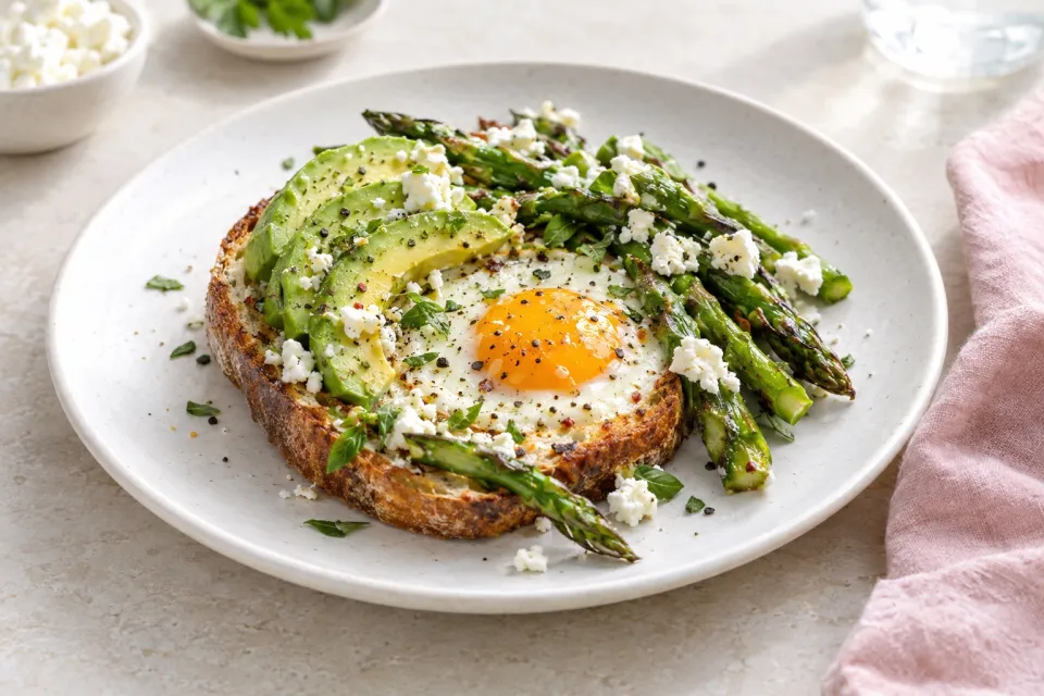 Skillet Egg-in-a-Hole with Avocado, Asparagus, and Feta