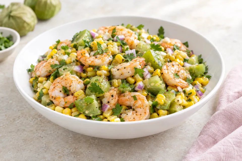 Quick and Easy Shrimp, Corn, and Tomatillo Salad