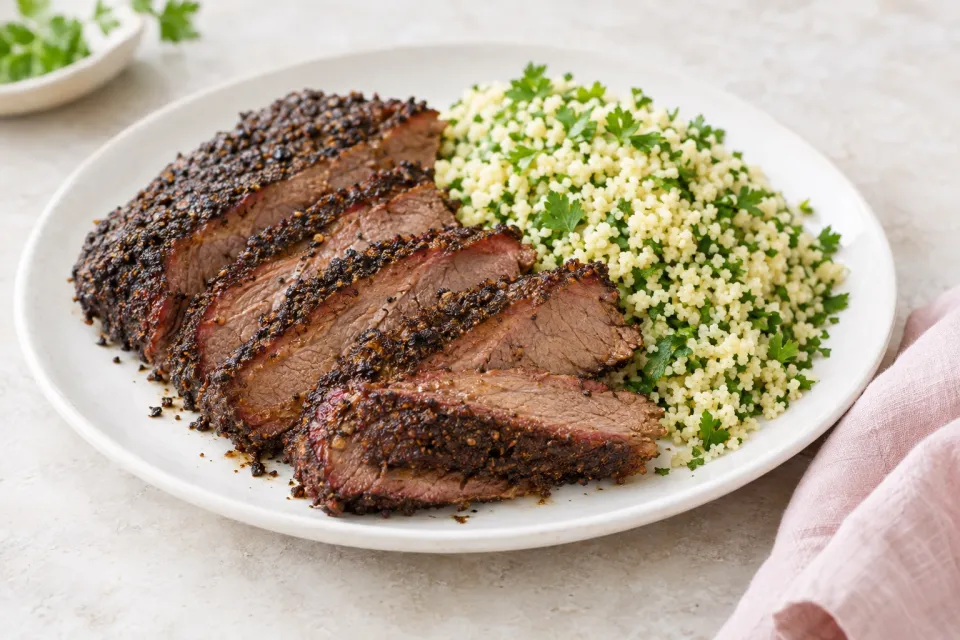 Coffee-Rubbed Beef Brisket with Parsley Couscous