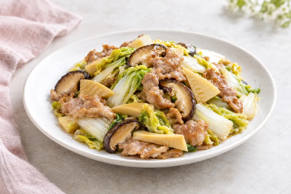 Stir-Fried Pork with Napa, Shitake, and Bamboo