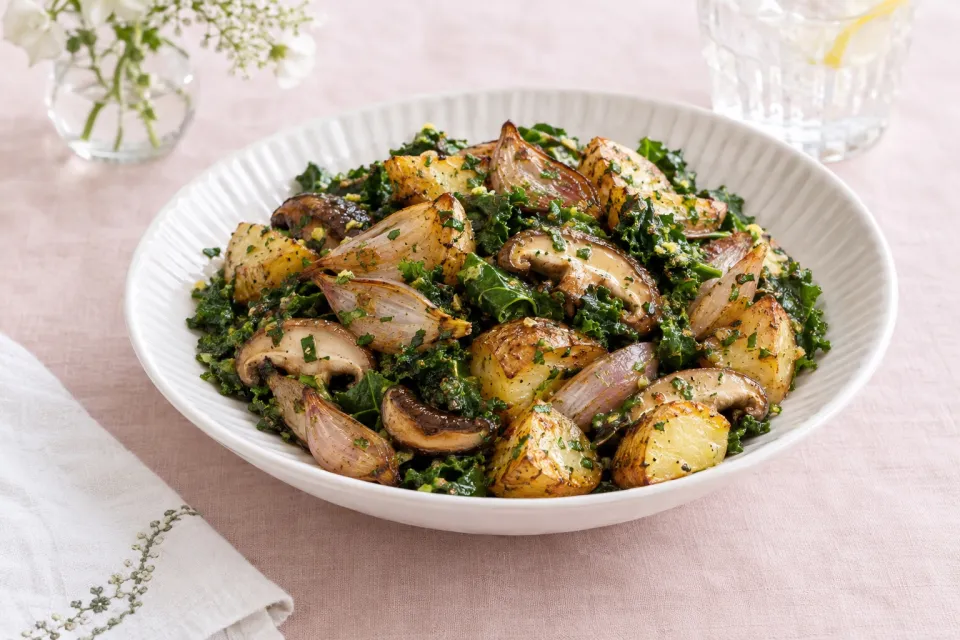 Roasted Potato and Shallot Salad with Marinated Mushrooms and Kale