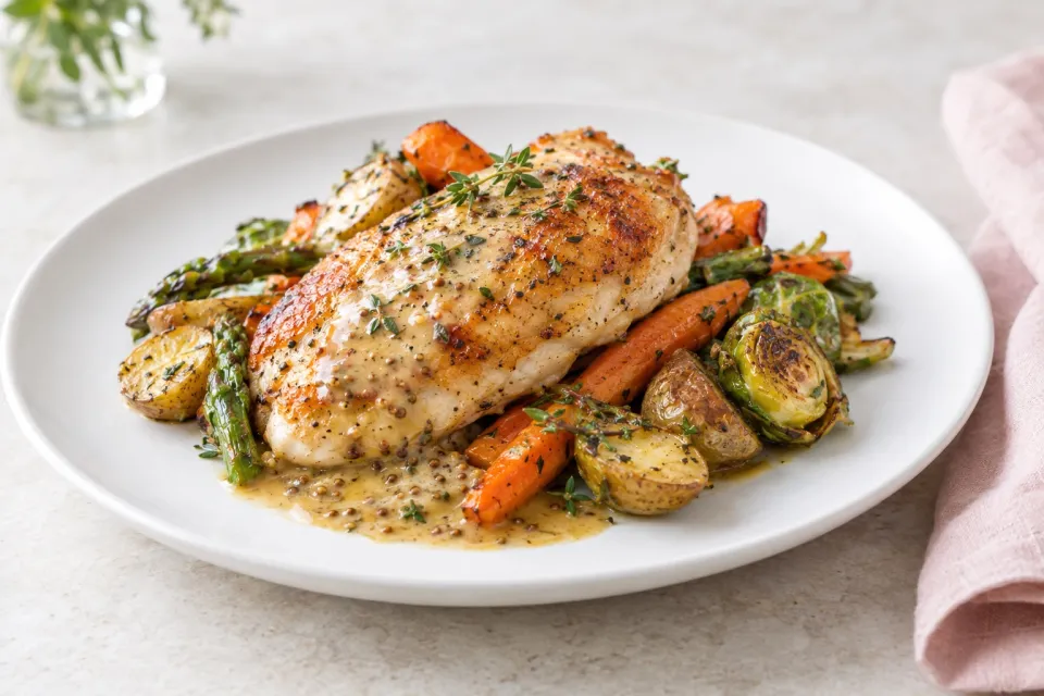 Pan-Roasted Chicken with Vegetables and Dijon Jus