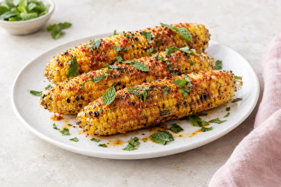 Grilled Corn with Harissa and Mint