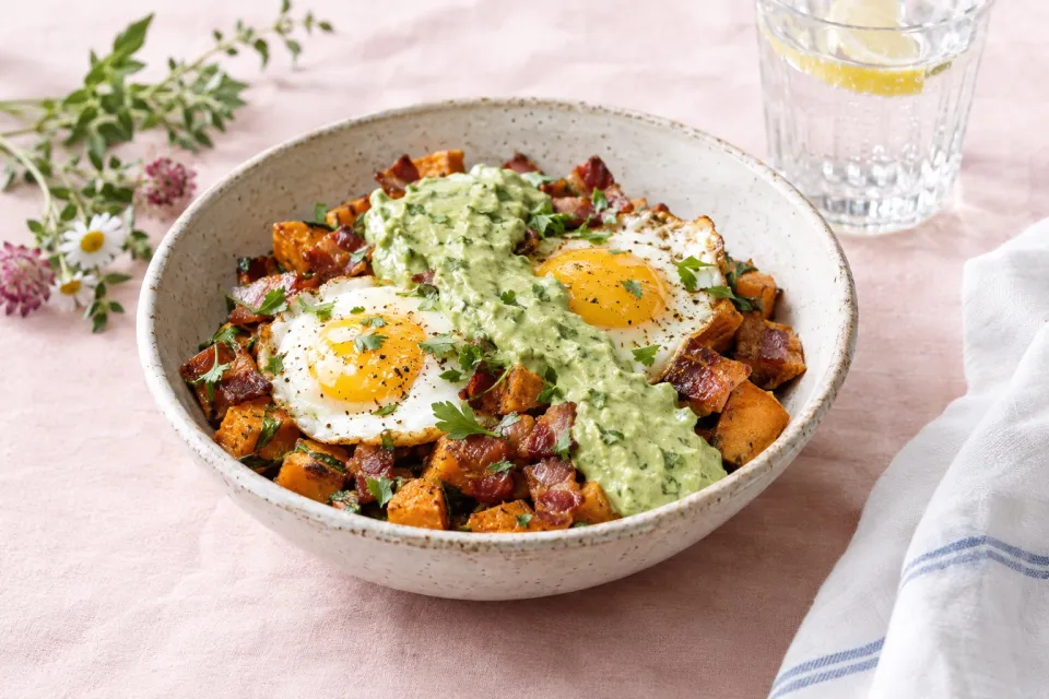 Bacon and Sweet Potato Hash with Avocado Cream