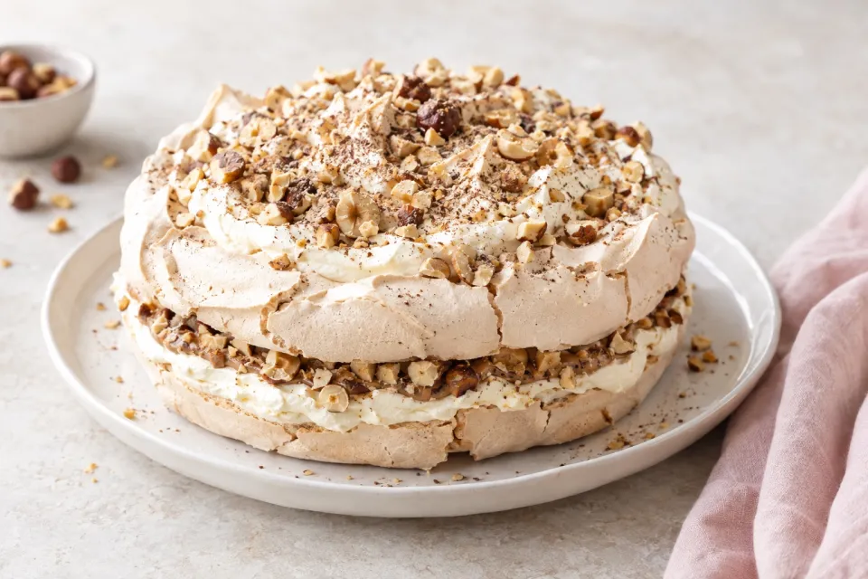 Malted Hazelnut Meringue Torte