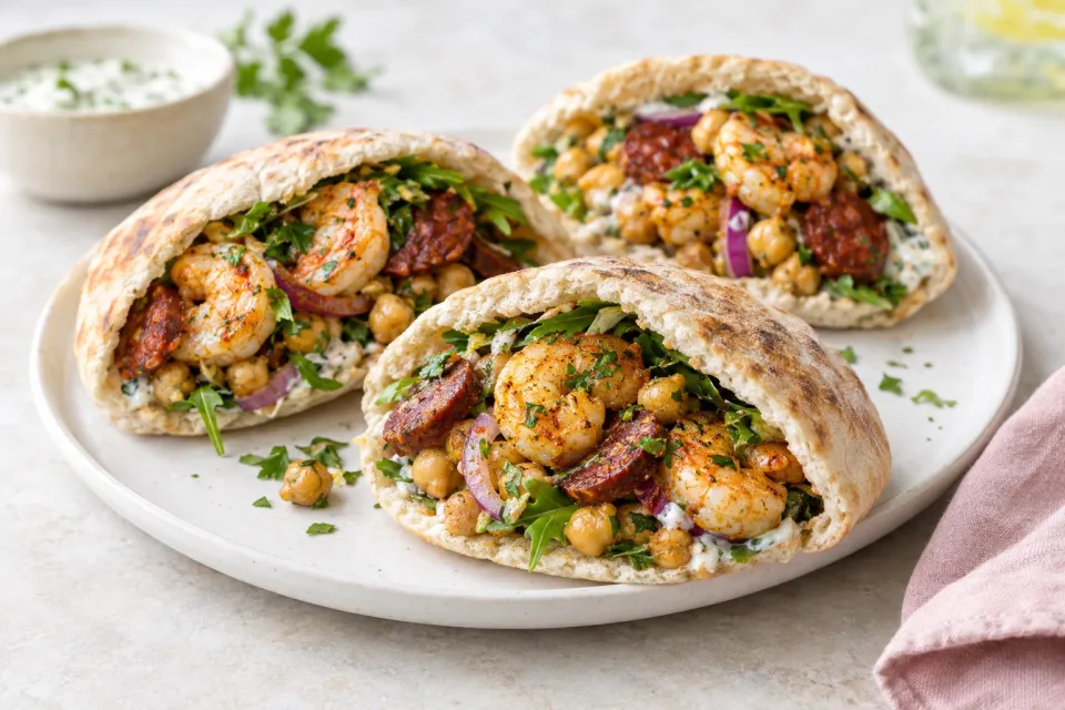 Chickpea, Shrimp, and Chorizo Pita Sandwiches
