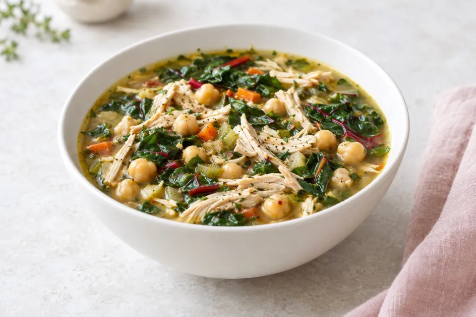 Shredded Chicken, Chard and Chickpea Soup