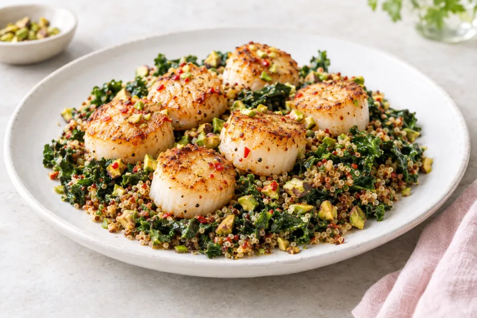 Scallops with Spicy Quinoa, Kale, and Pistachios