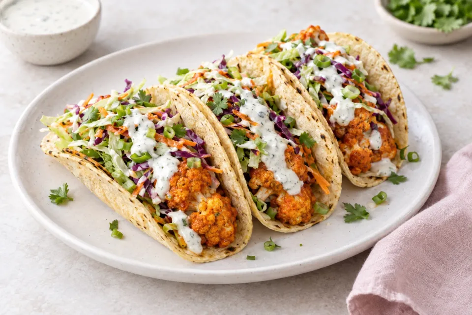 Buffalo Cauliflower Tacos with Ranch Sauce