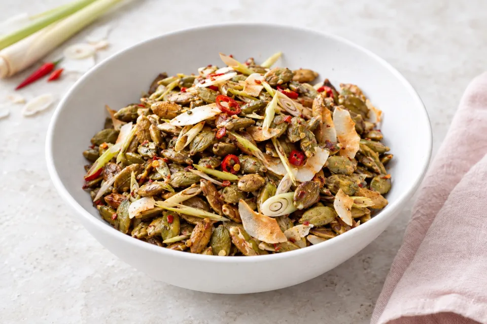 Roasted Pumpkin Seeds with Lemongrass, Chili, and Toasted Coconut