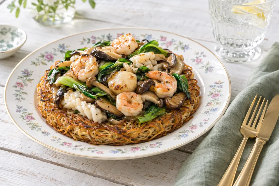 Crispy Pan-Fried Noodle Cakes with Seafood
