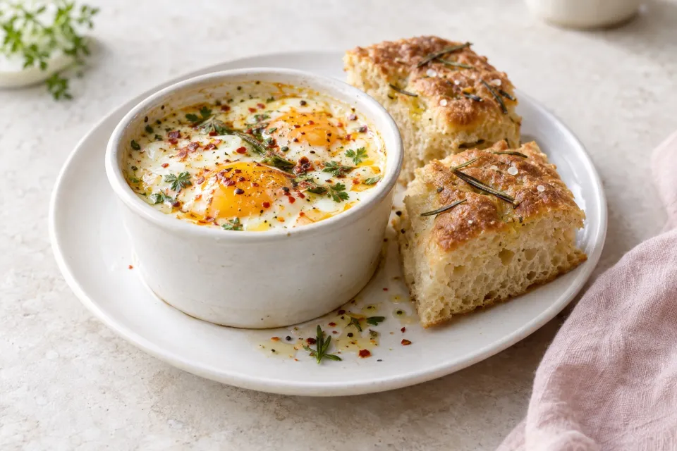 Spicy Coddled Eggs with Focaccia