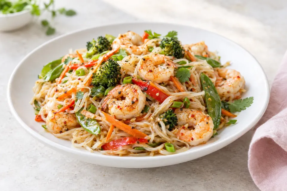Skillet Rice Noodle Bowl with Shrimp and Vegetables