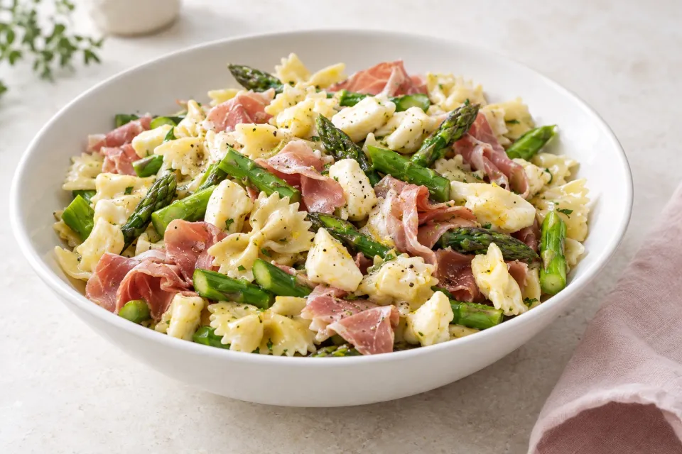 Cheese Curd, Asparagus, and Prosciutto Pasta Salad