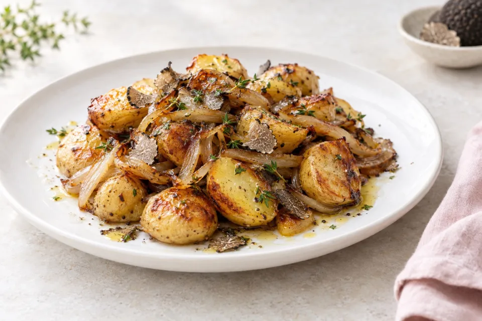 Roasted New Potatoes with Caramelized Onions and Truffle Oil