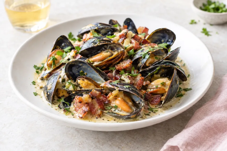 Creamy Mussels with Smoky Bacon and Hard Cider