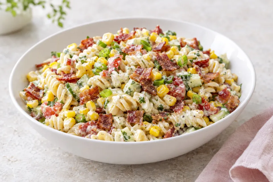 Pasta Salad with Corn, Bacon, and Buttermilk Ranch Dressing