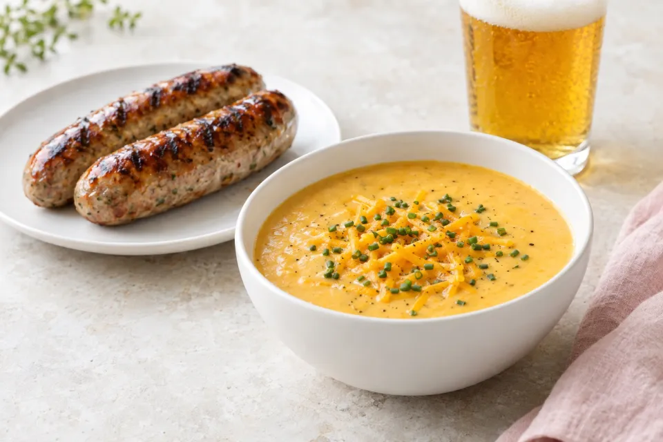 Grilled Bratwurst, Beer, and Cheddar Soup