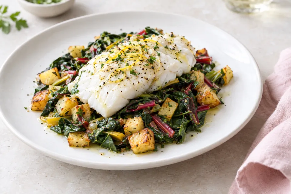 Steamed Fish with Chard and Potato Hash