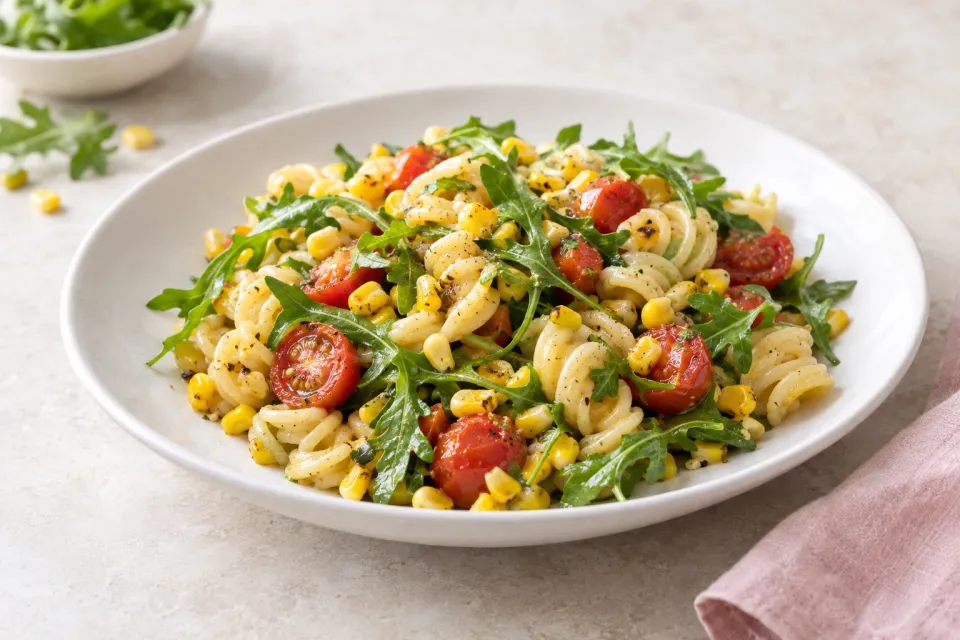 Pasta with Corn, Arugula, and Tomatoes