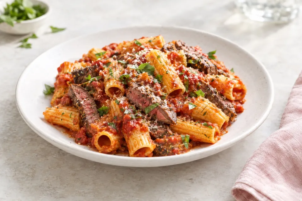 Fresh Rigatoni with Marinara and Steak