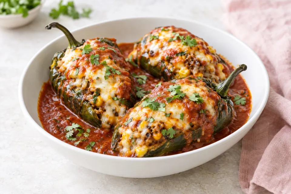Cheesy Stuffed Mexican Peppers with Red Chili Sauce