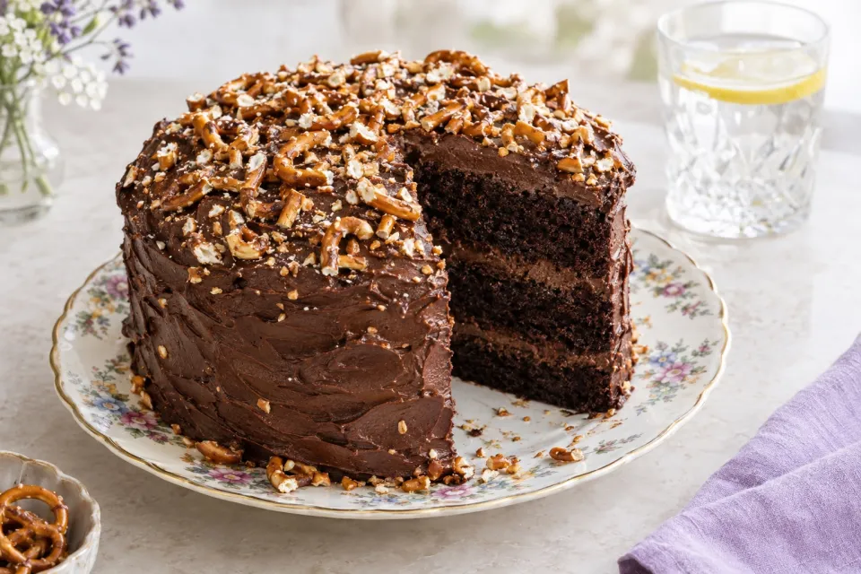 Fudgy Chocolate Pretzel Cake