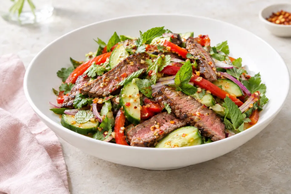 Steak Salad with Cucumber, Peppers, and Spicy Fish Sauce Vinaigrette