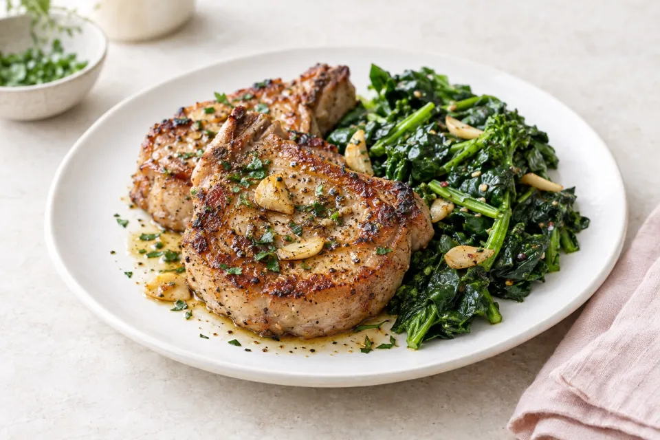 Pan-Seared Pork Chops with Garlic and Greens