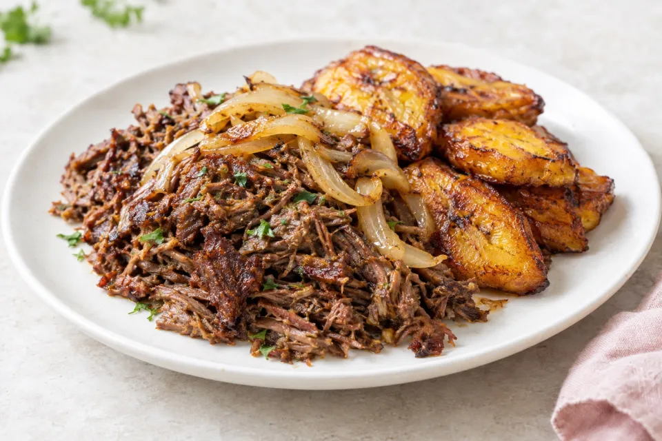 Crispy, Shredded Cuban Beef with Pan-Fried Onions and Plantains