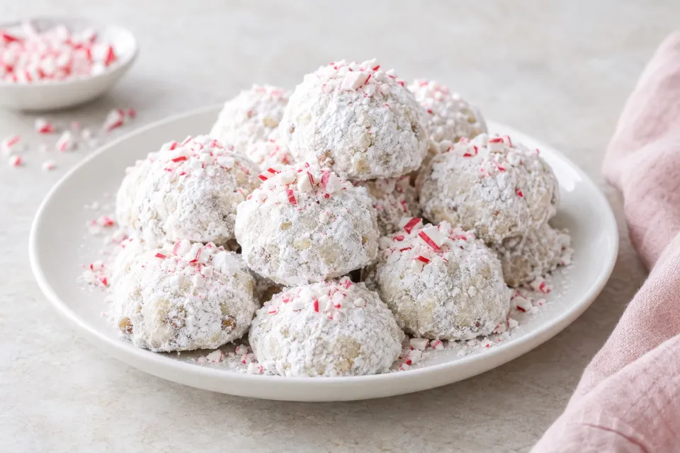 Peppermint Snowball Cookies