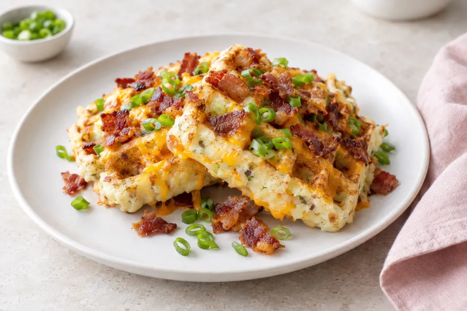 Waffled Mashed Potatoes with Bacon, Scallion, and Cheddar