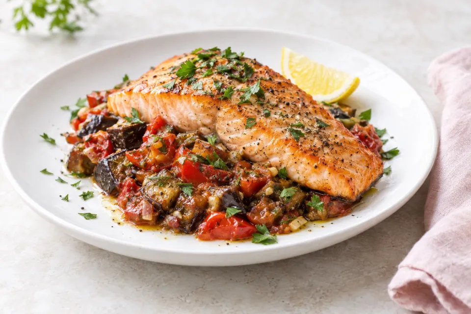 Sheet-Pan Salmon with Tomato-Eggplant Compote