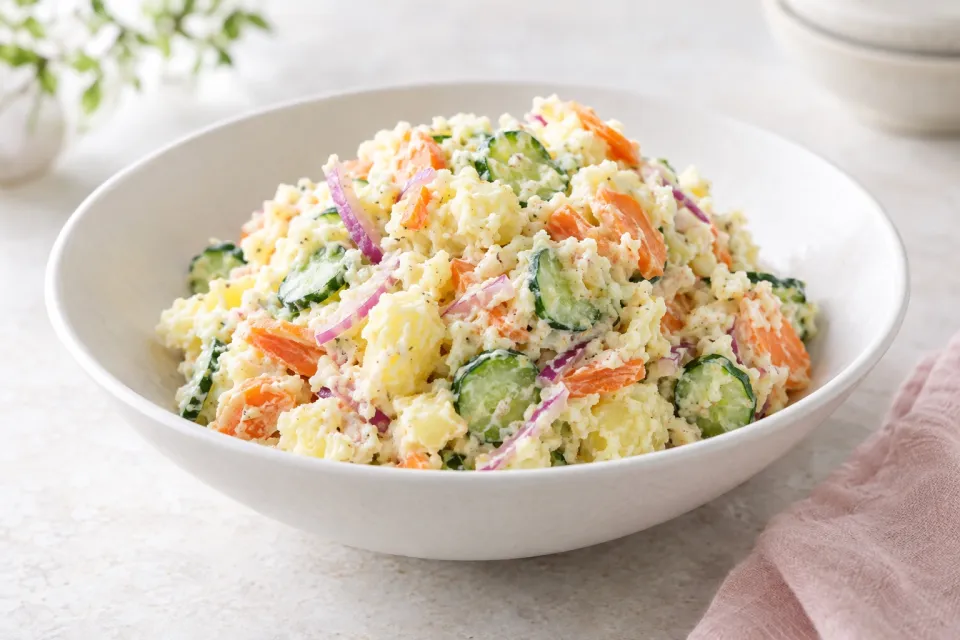 Japanese Potato Salad with Cucumbers, Carrots, and Red Onion