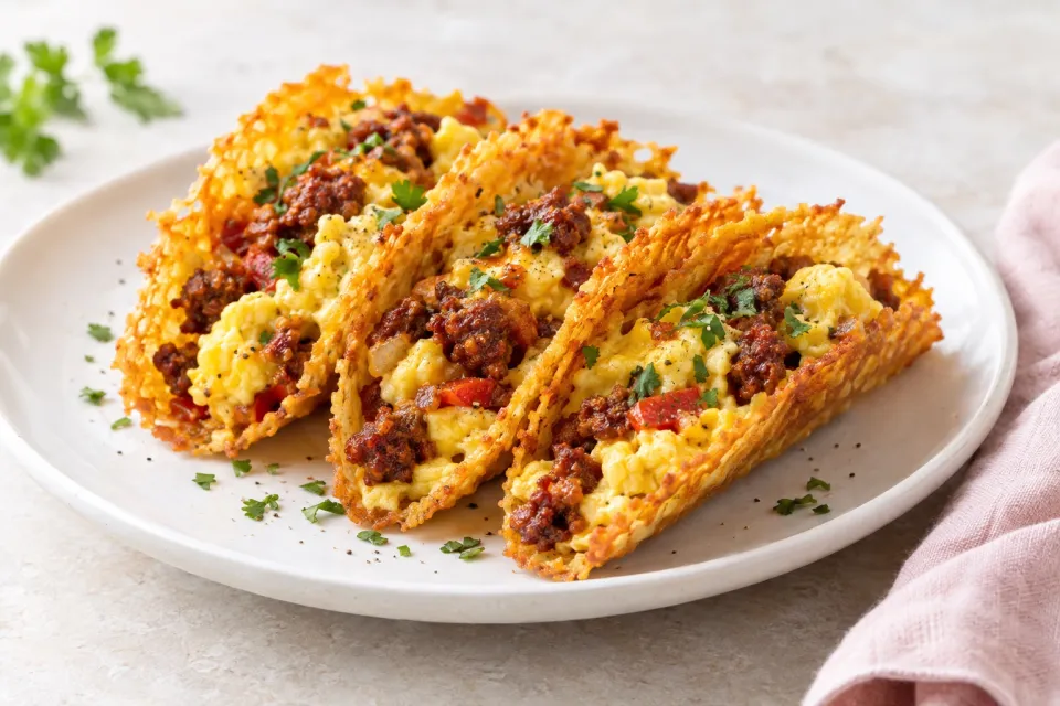 Soft Scrambled Egg and Chorizo in Crispy All-Cheese Taco Shells