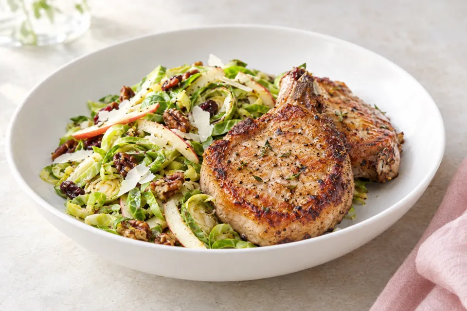 Pork Chops with Shaved Brussels Sprouts and Apple Salad