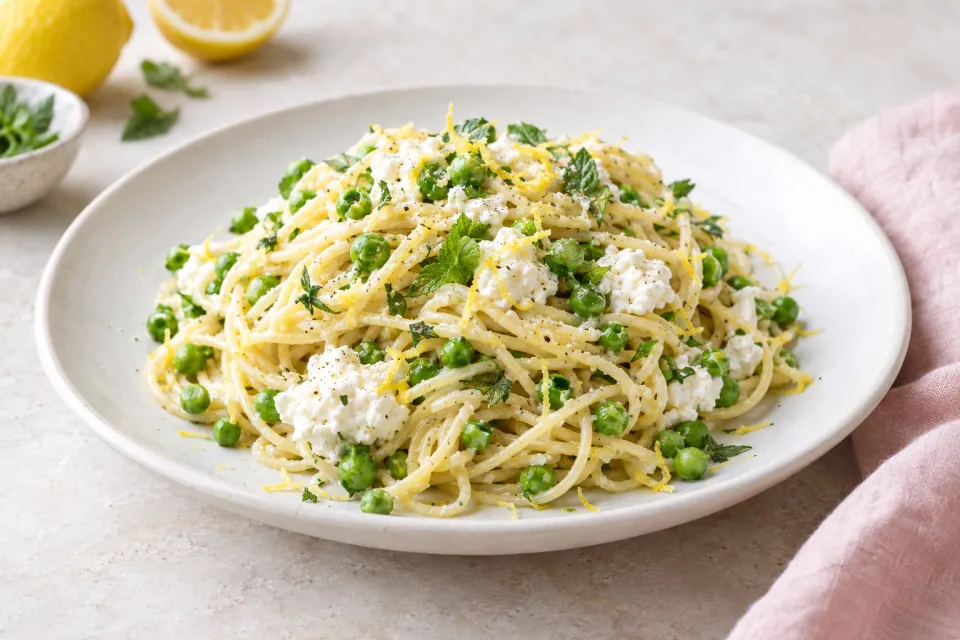 Lemony Spaghetti with Peas and Ricotta