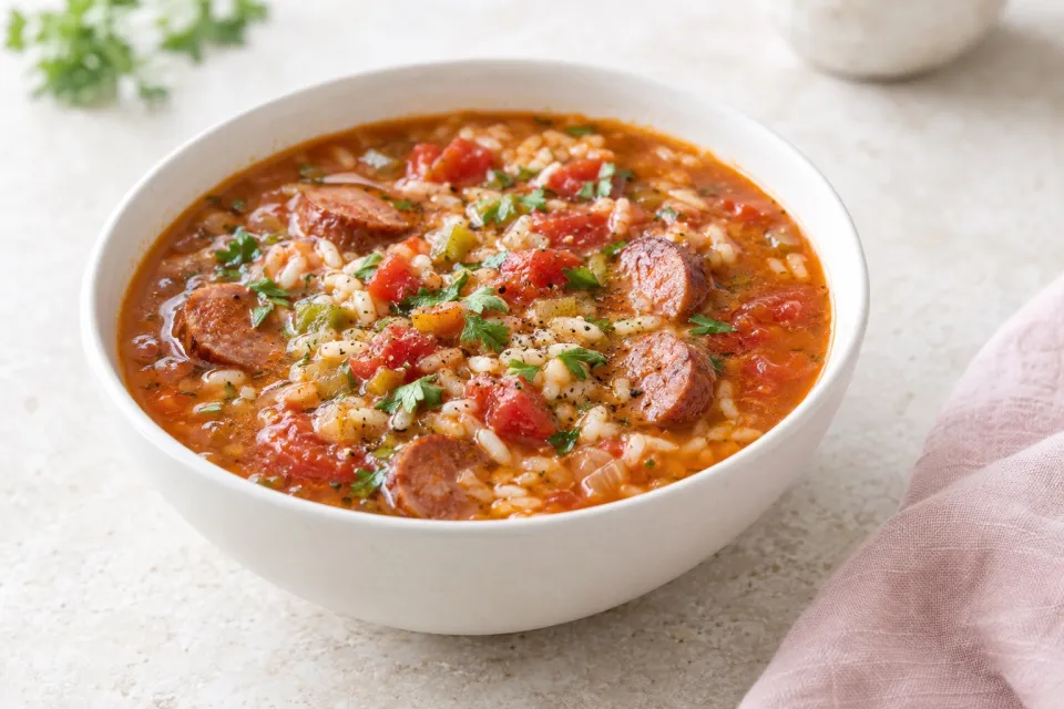 Tomato, Rice, and Andouille Soup