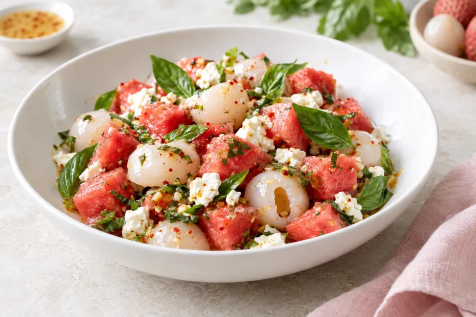 Watermelon, Lychee, Feta, and Basil Salad with Spicy Lemongrass Vinaigrette